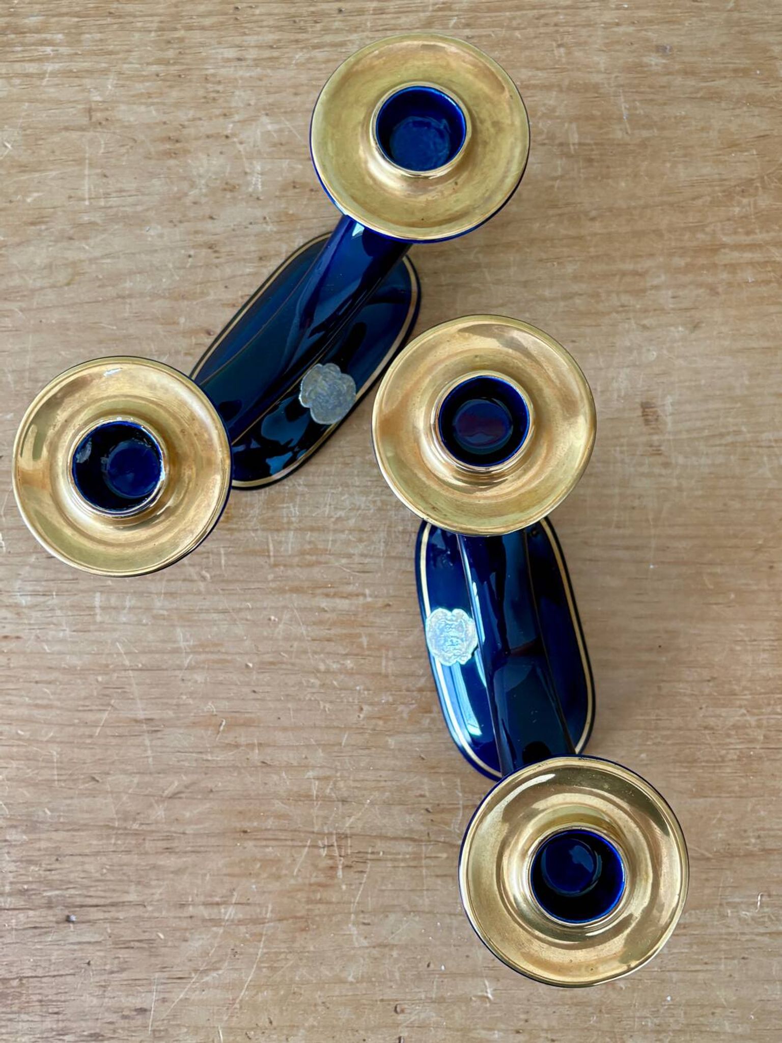 Set of 2 vintage blue and gold ceramic candle holders