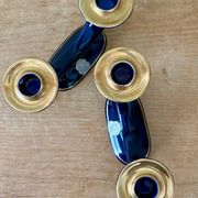 Set of 2 vintage blue and gold ceramic candle holders