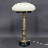 1940s restored brass table lamp with wooden base and glass shade