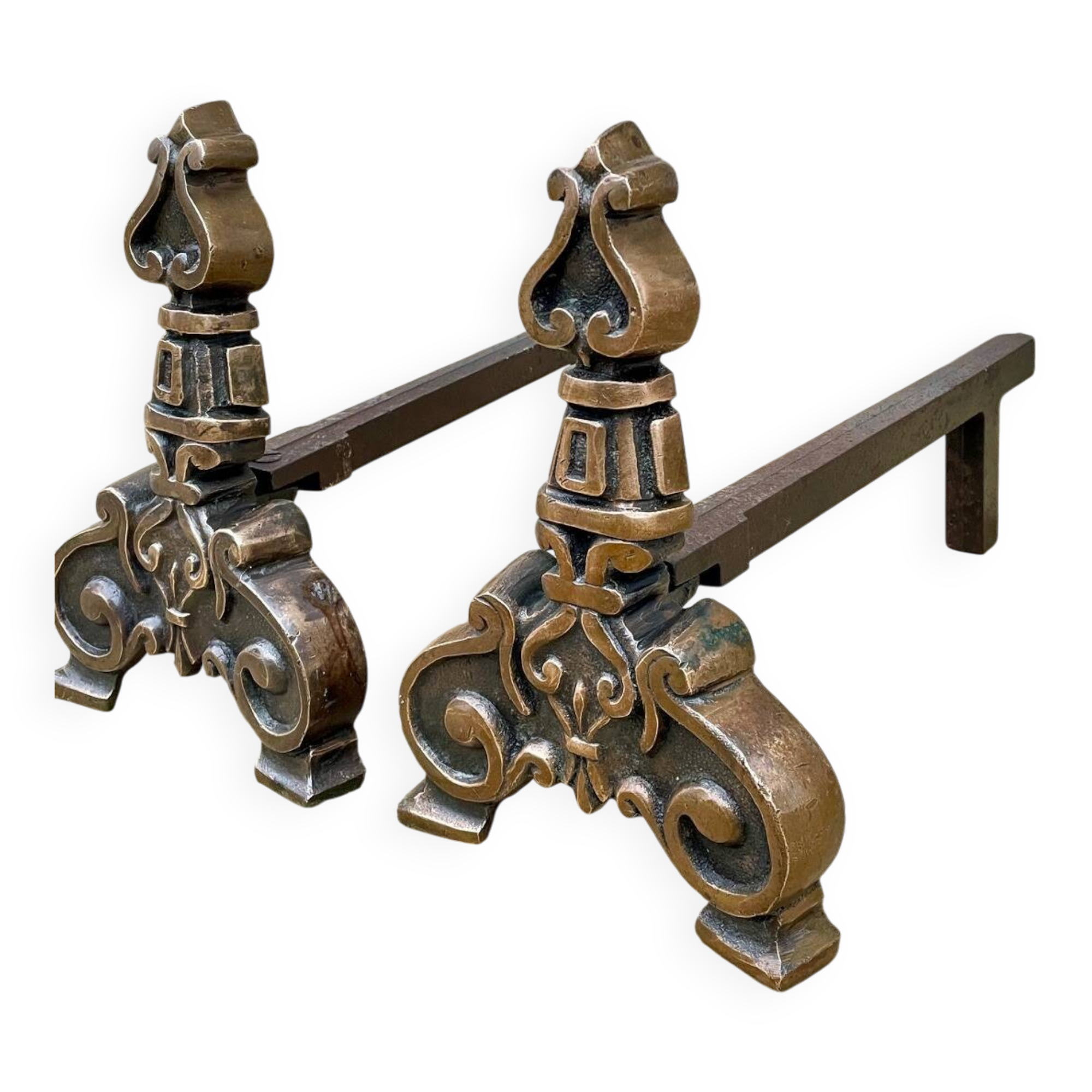 Paire de chenets en laiton massif vintage