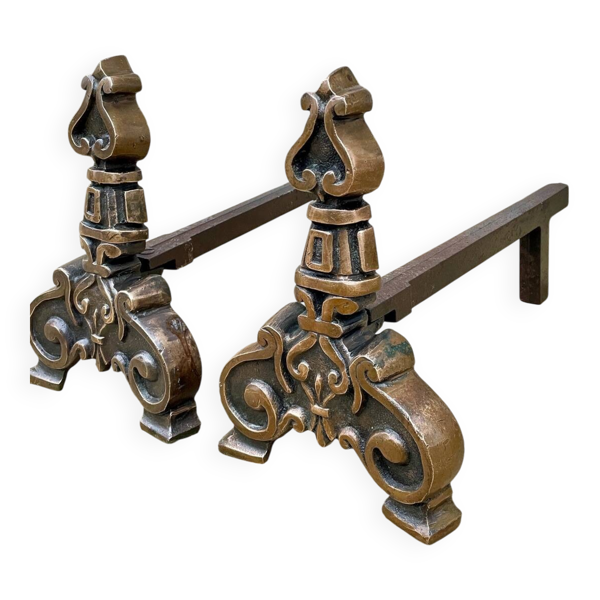 Paire de chenets en laiton massif vintage