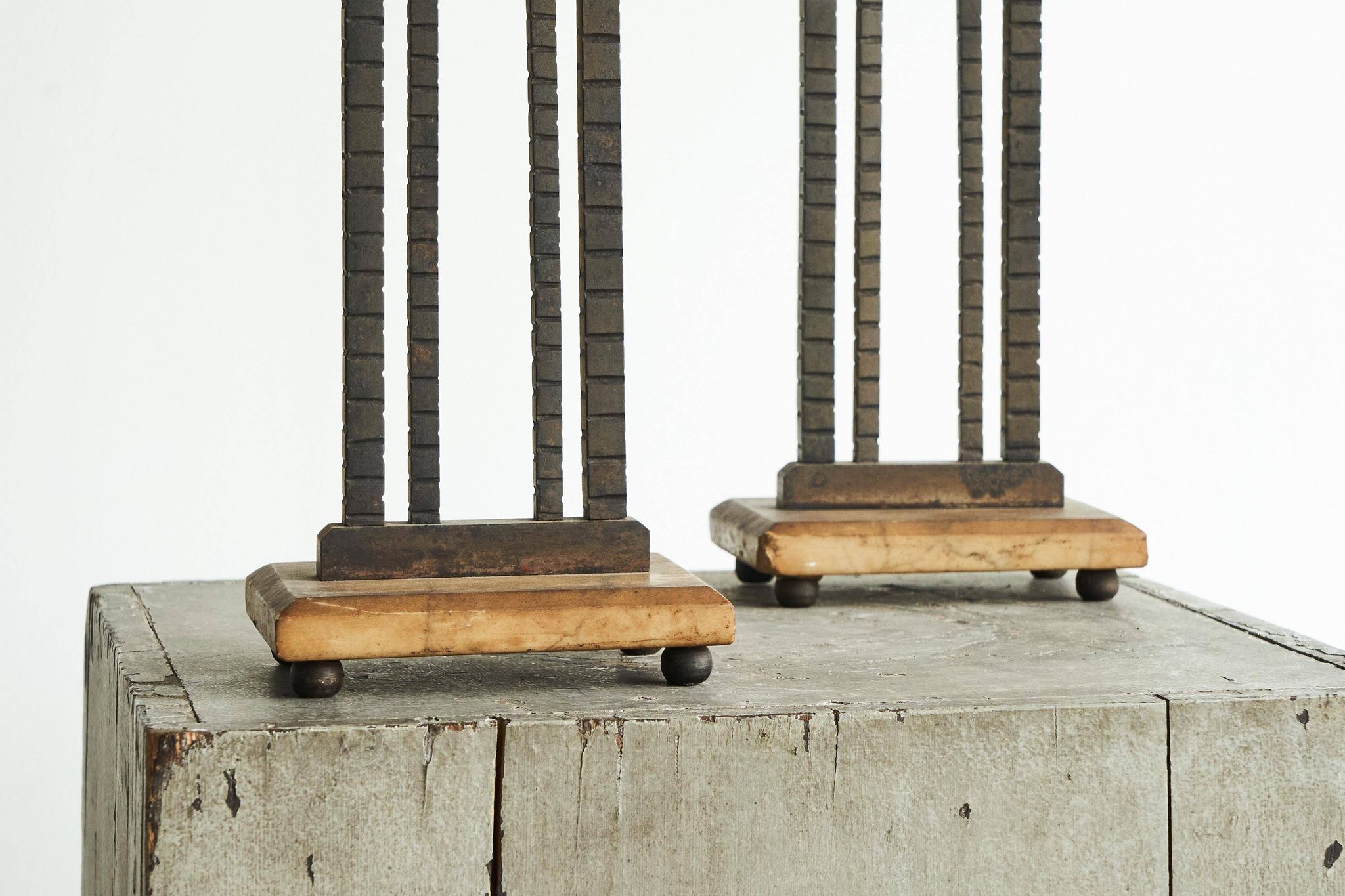 Art Deco pair of candle holders in wrought iron and stone