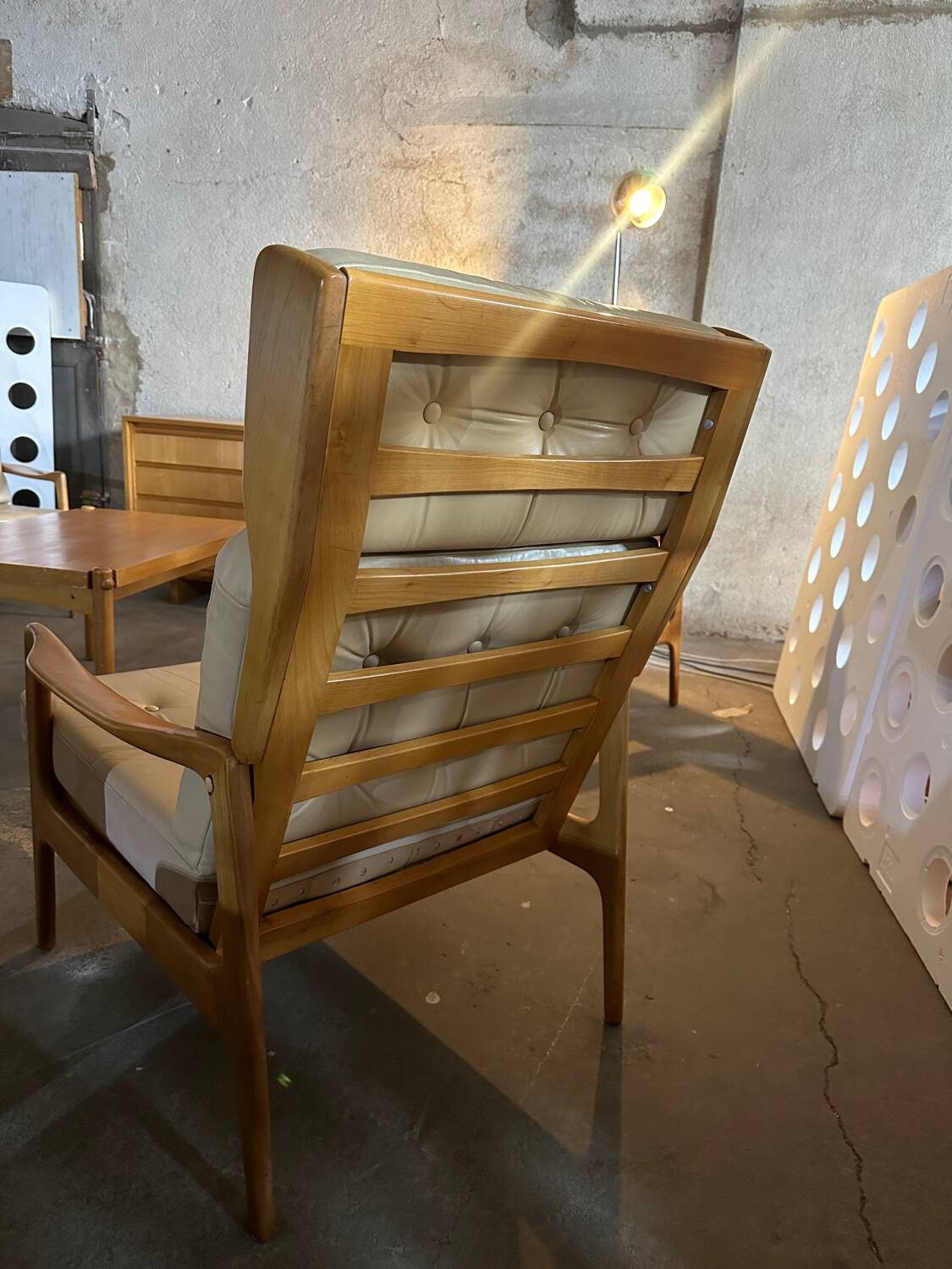 Scandinavian Style Sofa + Three Armchairs Set in Light Wood and Leather