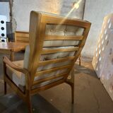 Scandinavian Style Sofa + Three Armchairs Set in Light Wood and Leather