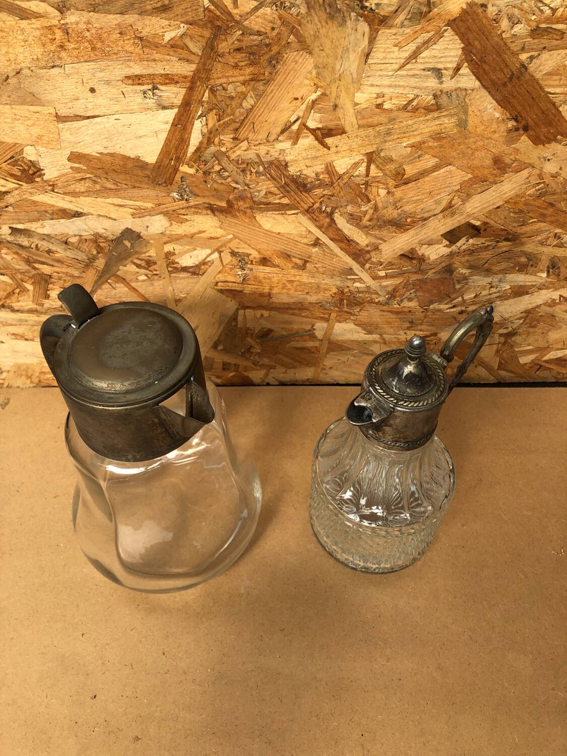 Pair of cast glass & vintage metal refresher pitcher