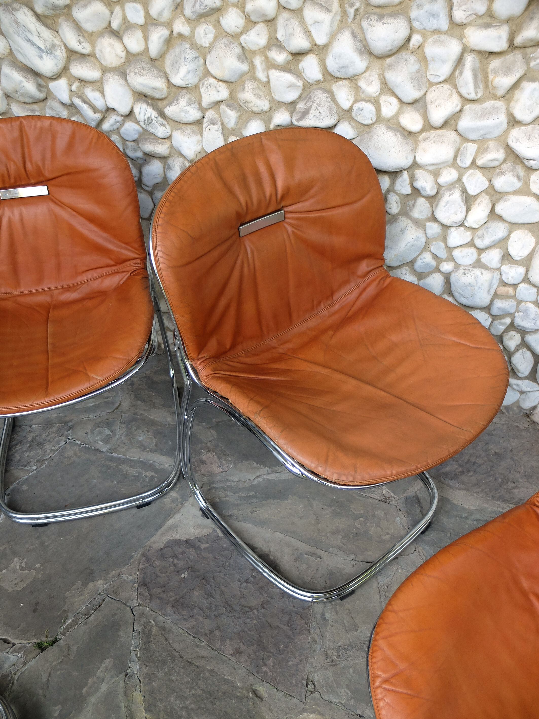 Seérie of 4 chairs Sabrina design Gastone Rinaldi for Rima, tawny leather, 1970