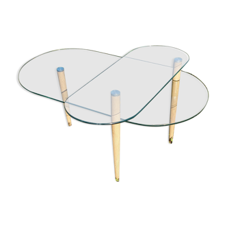 Table basse verre avec plateau  pivotant pied fuseau bois 100x50 hauteur 40 et 30cm