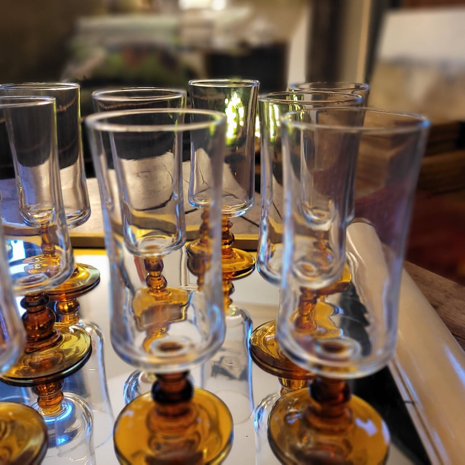 12 amber-stemmed flutes, 70s