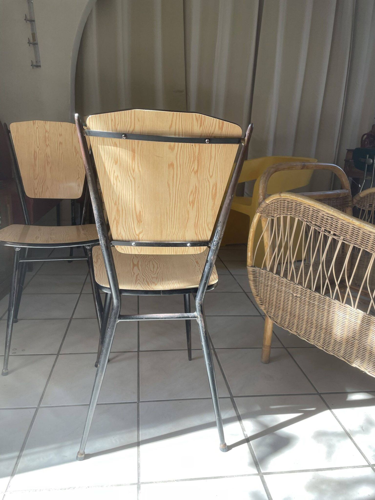Pair of Formica chairs with a wood effect