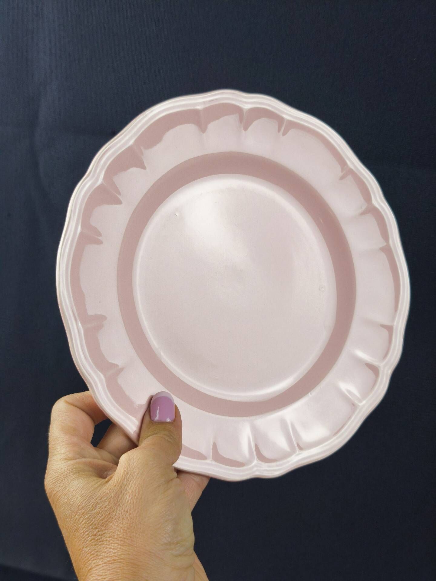 Title: 8 vintage Salins flat plates in powder pink – Ø 25.7 cm