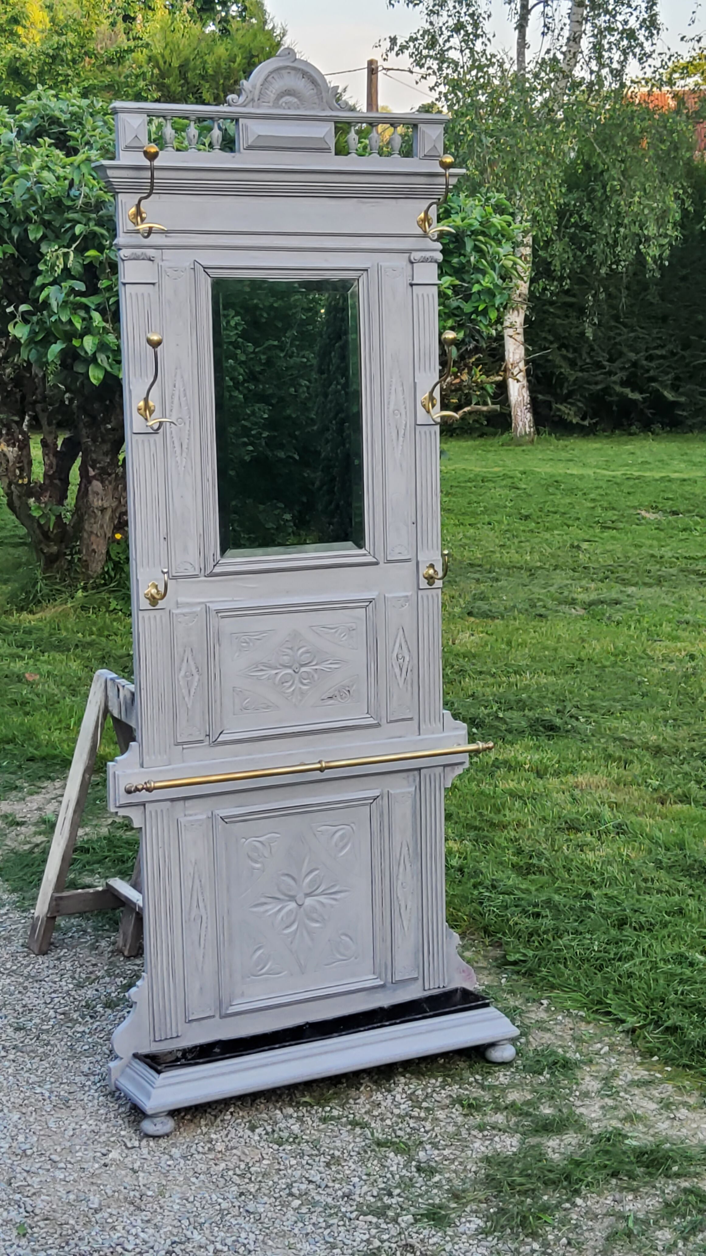 1900s coat rack patina gray mirror brass hooks