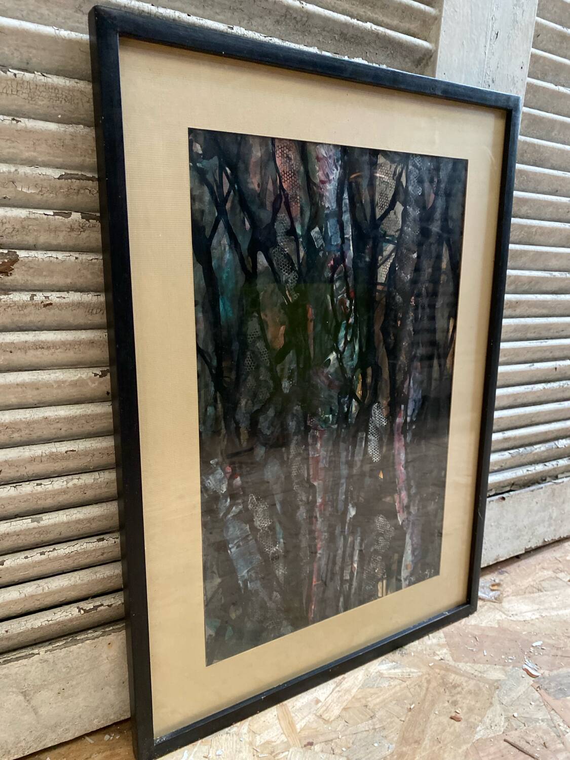 Old Abstract Oil On Paper Signed + Black Wood Frame #B548