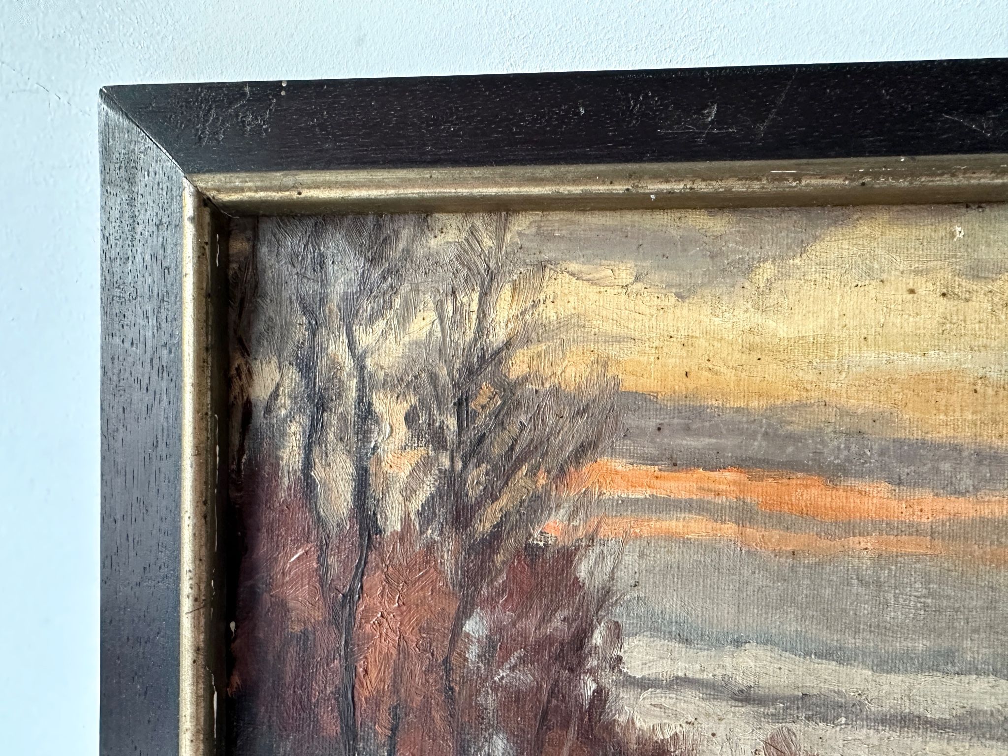 Oil on canvas of a winter landscape at dusk 1900, snow in the countryside.