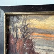 Oil on canvas of a winter landscape at dusk 1900, snow in the countryside.