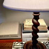 Turned wooden lamp base, fabric cable