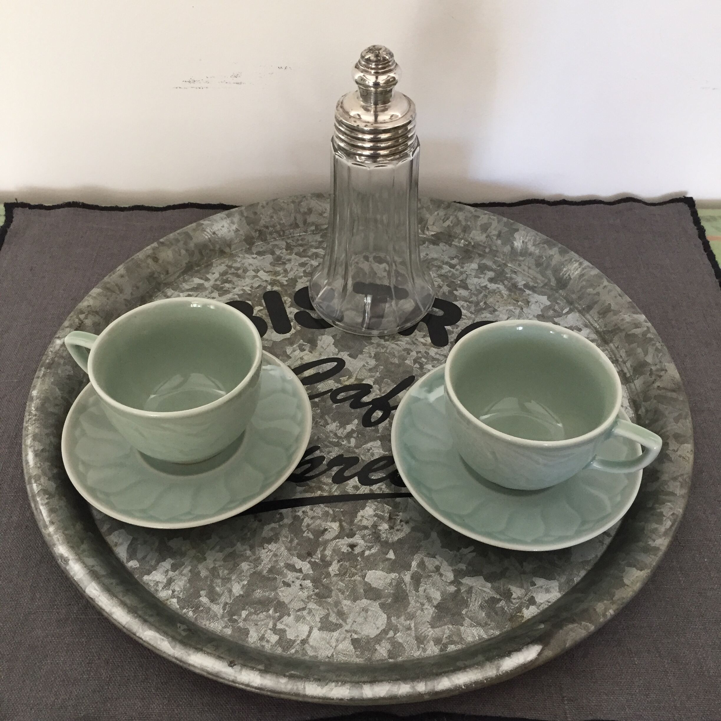 Glass sugar sprinkler and silver metal