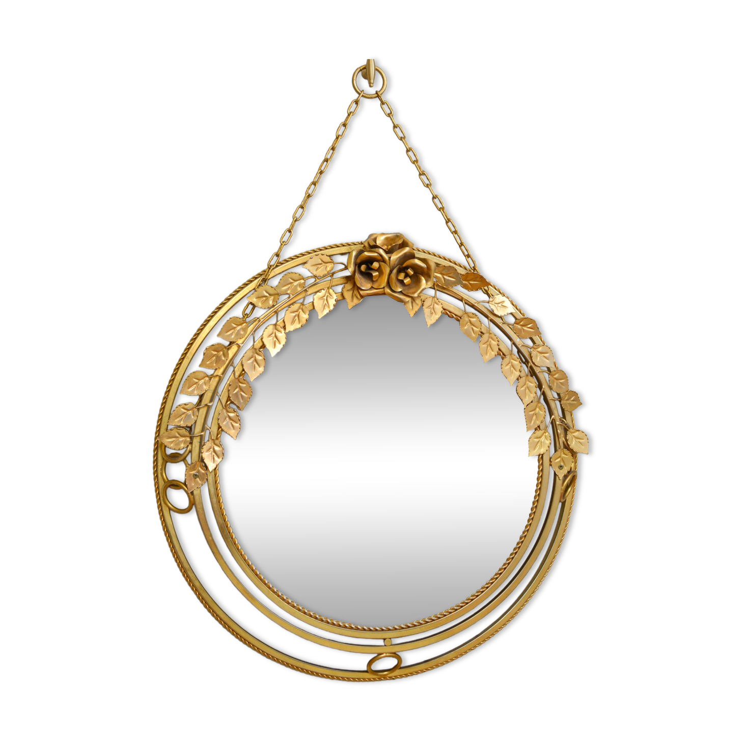 Vintage round illuminated mirror in gold metal with rose decoration.