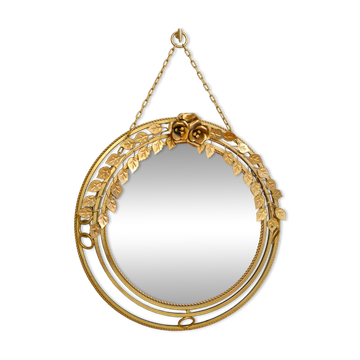 Miroir lumineux rond vintage en métal doré à décor de roses