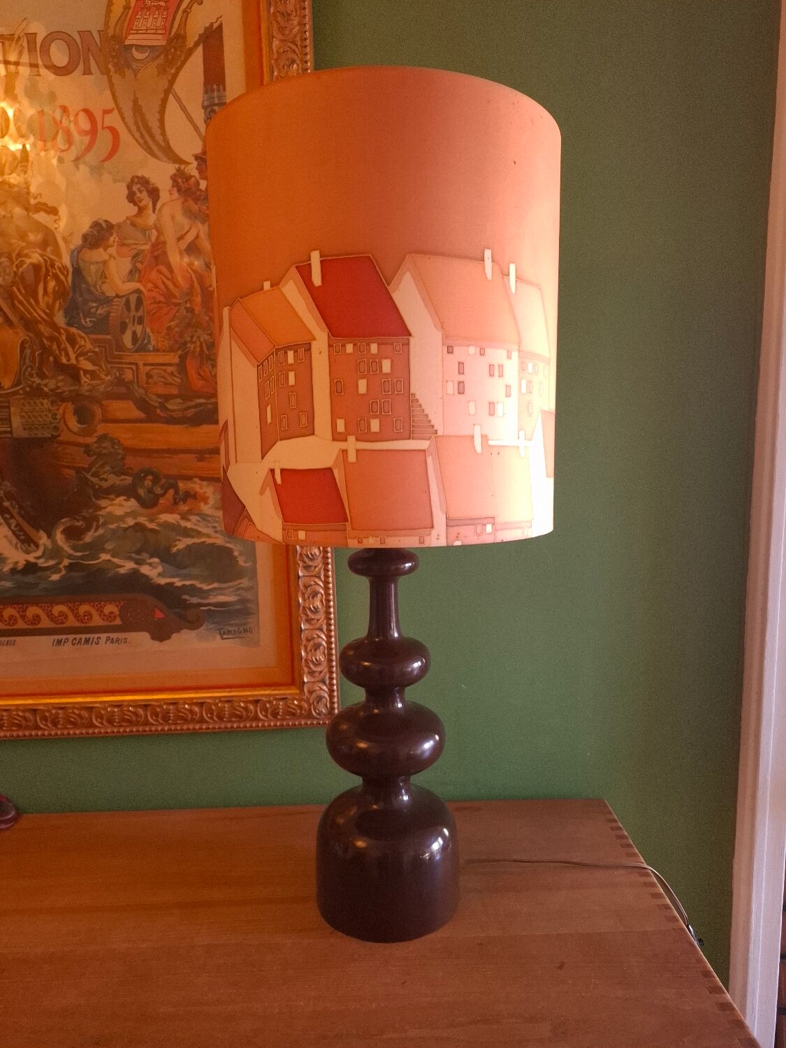 Vintage 70s lamp with a silk shade.