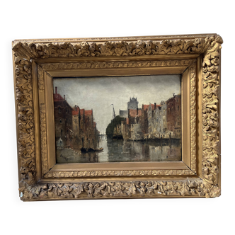 Oil on canvas "View of the city on the canal" by Franck BOGGS 19th century
