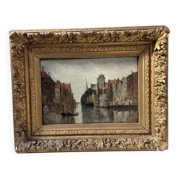 Oil on canvas "View of the city on the canal" by Franck BOGGS 19th century