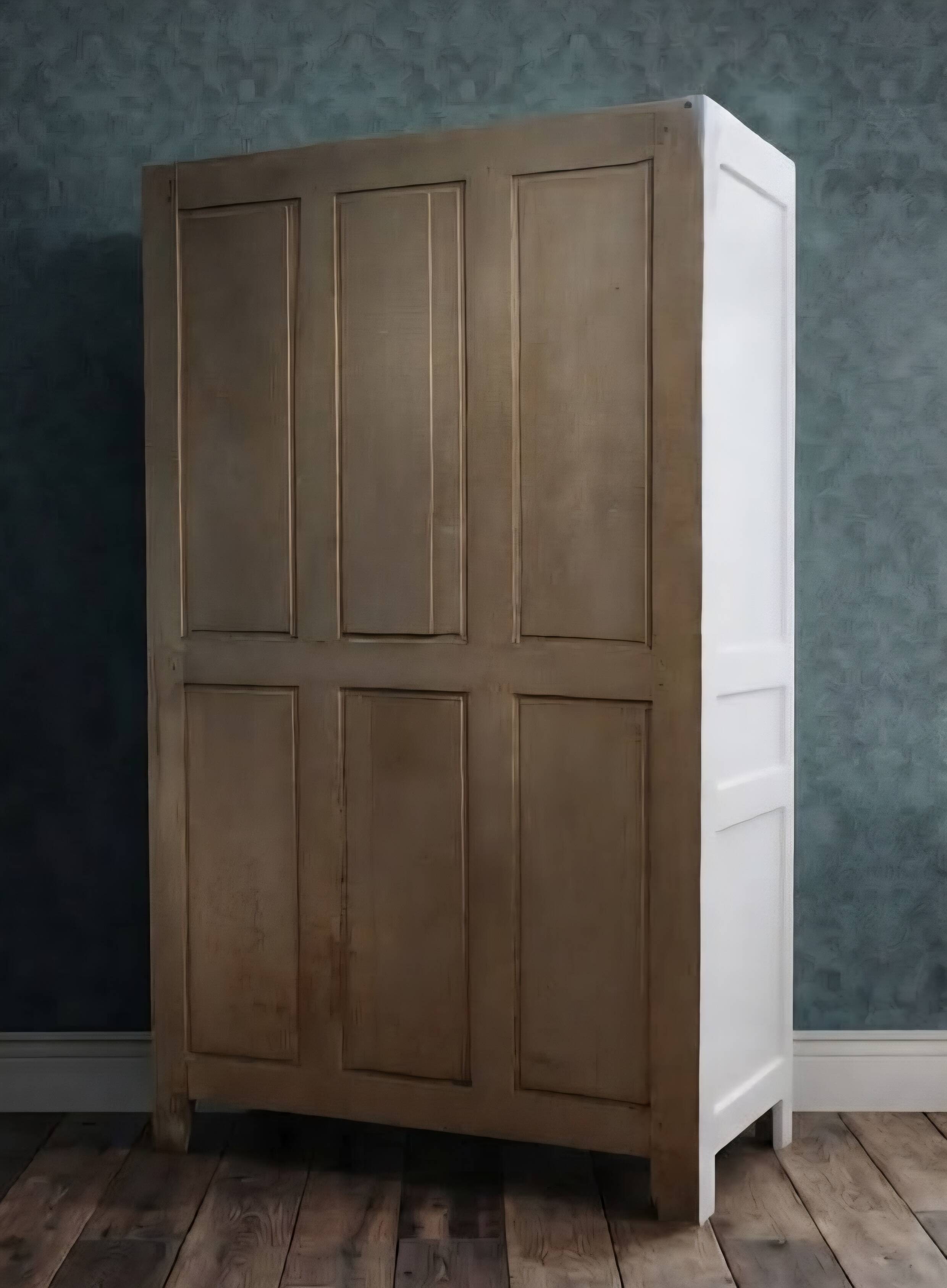Antique Parisian wardrobe in white wood with shelves from the 1950s.