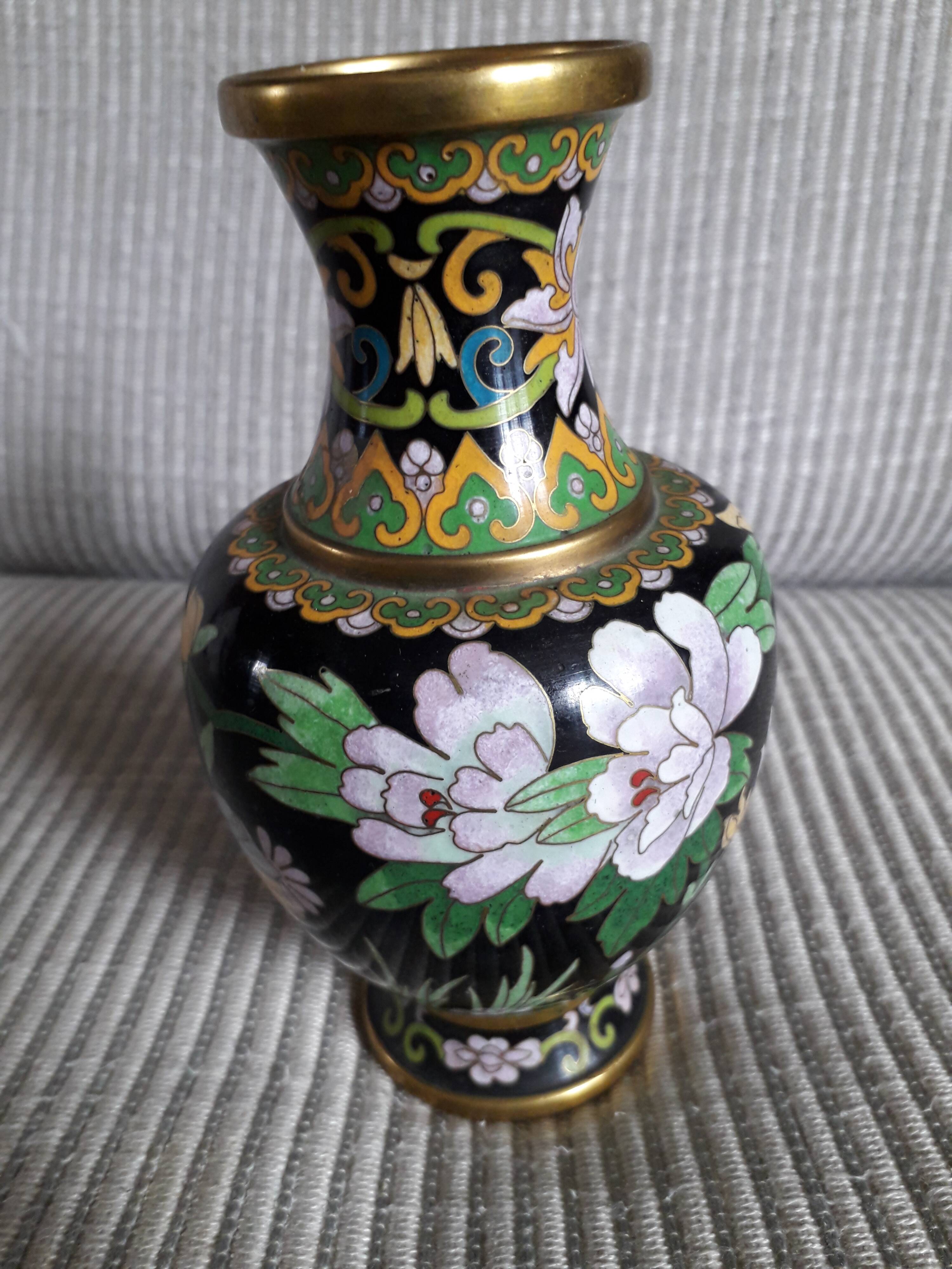 Vintage cloisonné enamel vase with floral and bird decoration