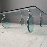 Vintage glass coffee table on wheels, 1980s - Italy