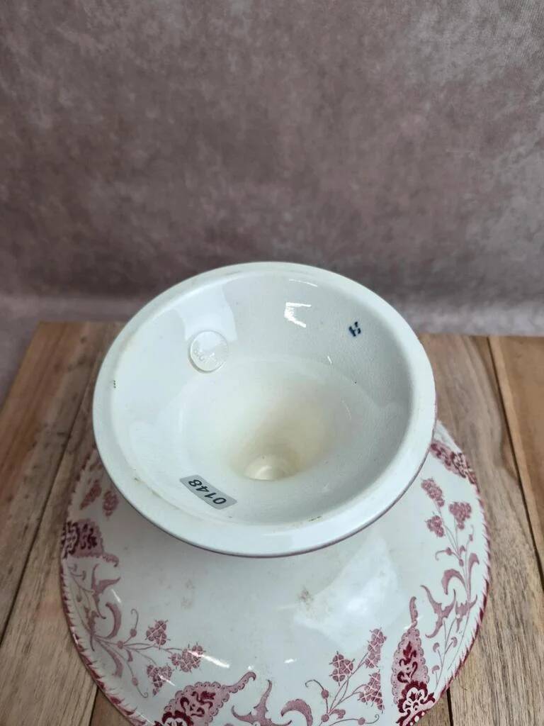 Antique compote dish Terre de fer Longwy Rambouillet model – burgundy decoration