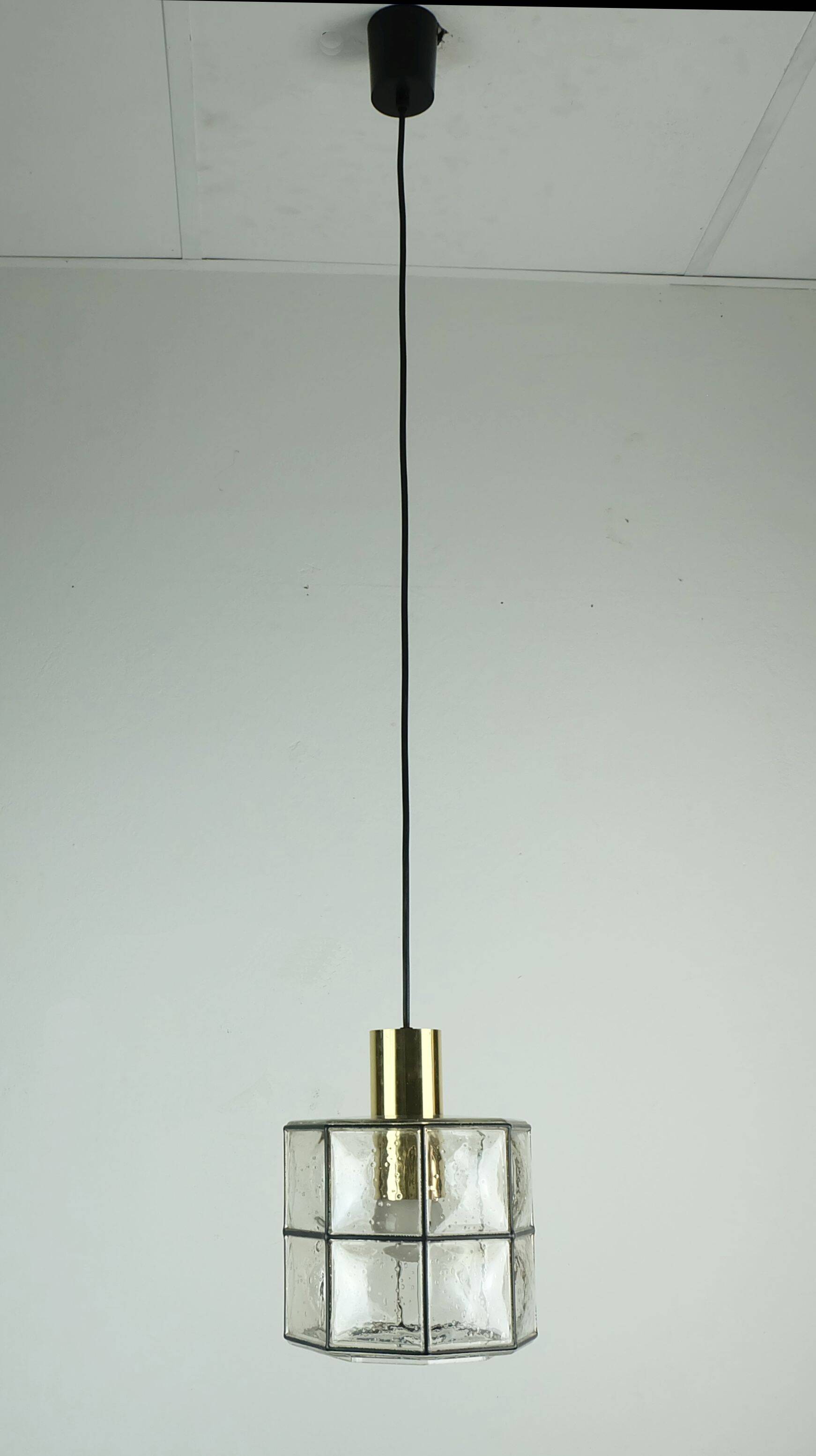 1960s 70s glashuette limburg PENDANT LAMP clear glass shade and brass