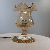 Baroque inspired table lamp, bronze, ceramic flowers and glass globe