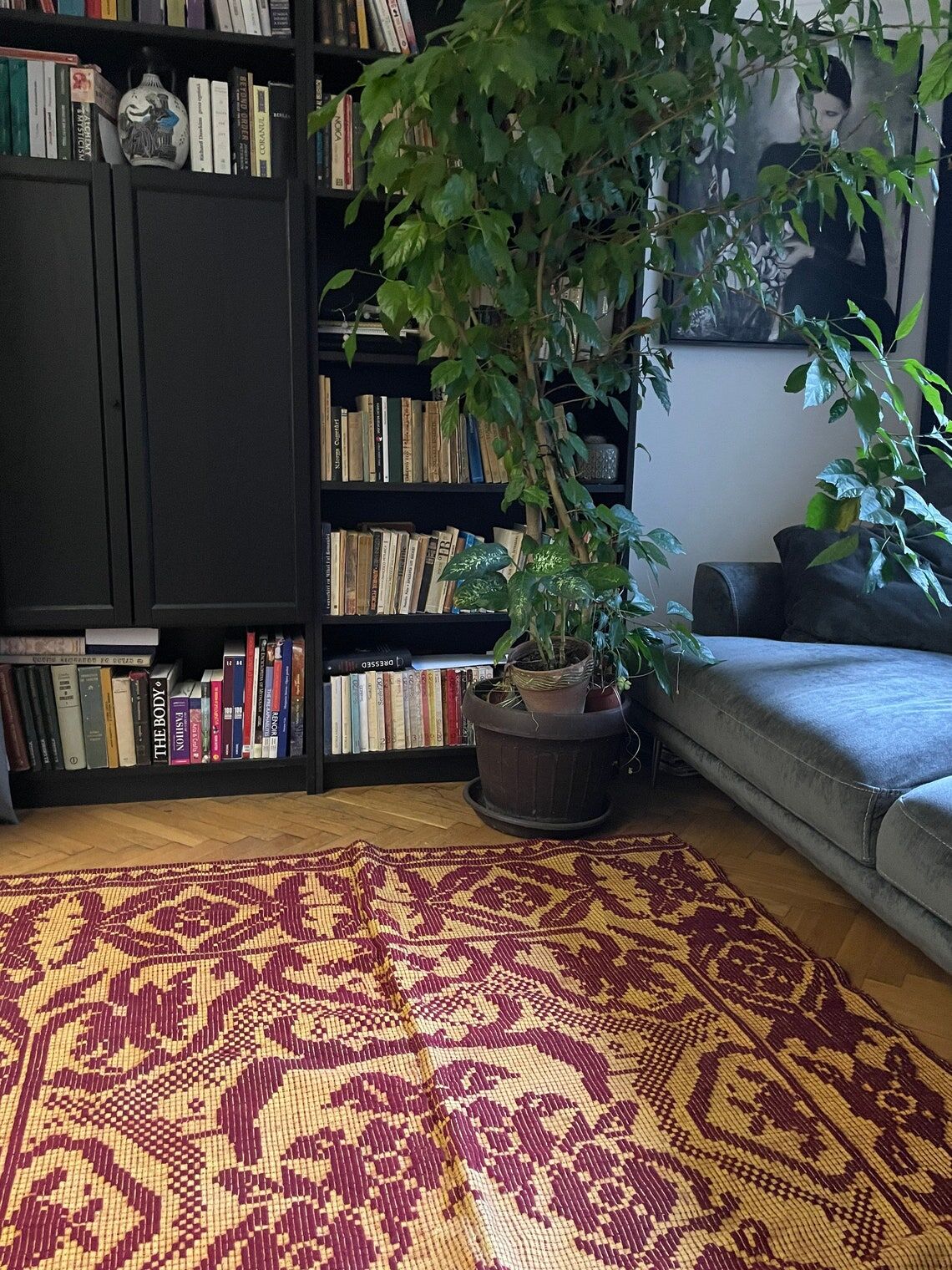 Vintage Romanian carpet floral design brown on yellow background 251x150cm