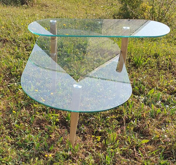Table basse verre avec plateau  pivotant pied fuseau bois 100x50 hauteur 40 et 30cm