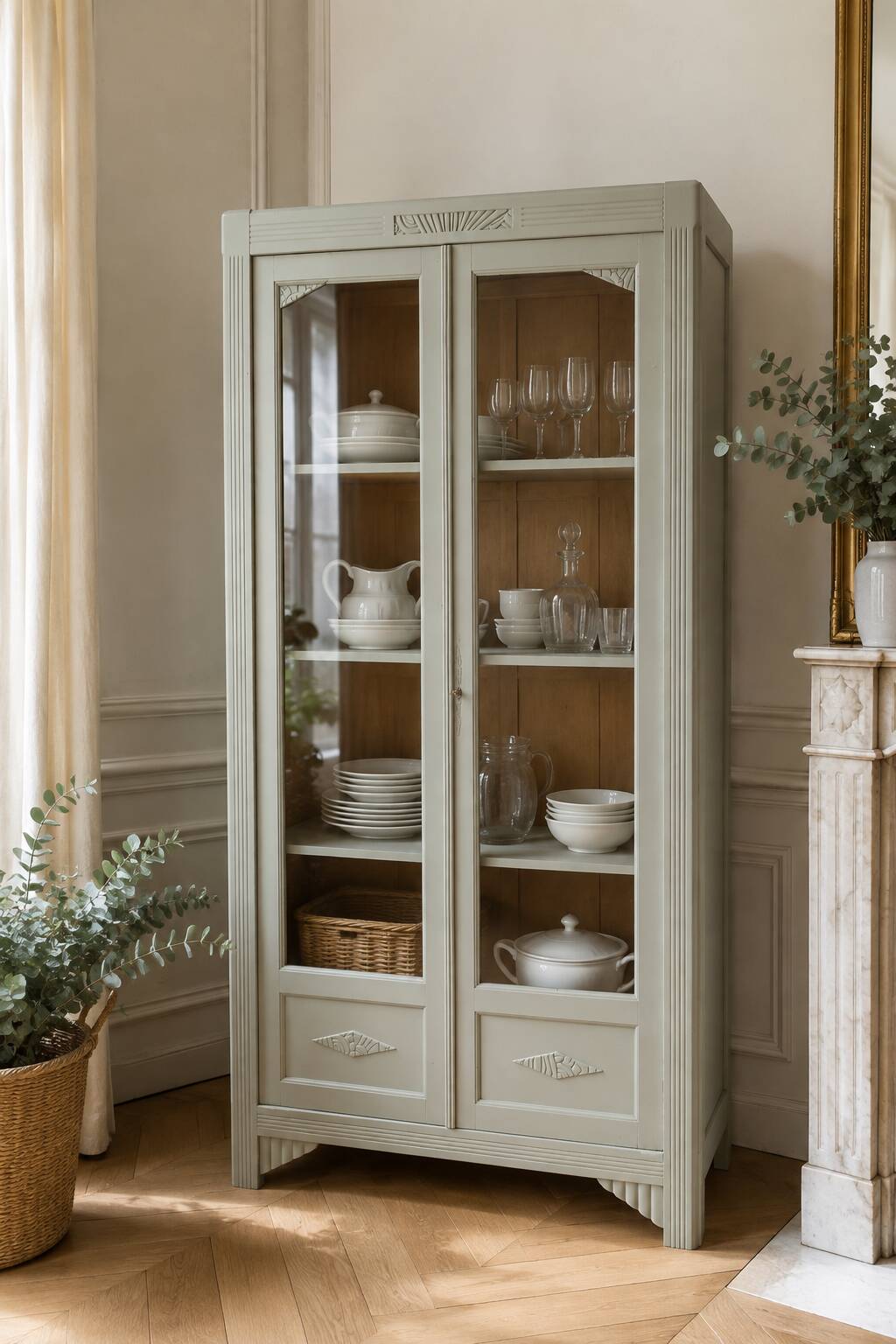 Renovated Art Deco display cabinet in grey-green.