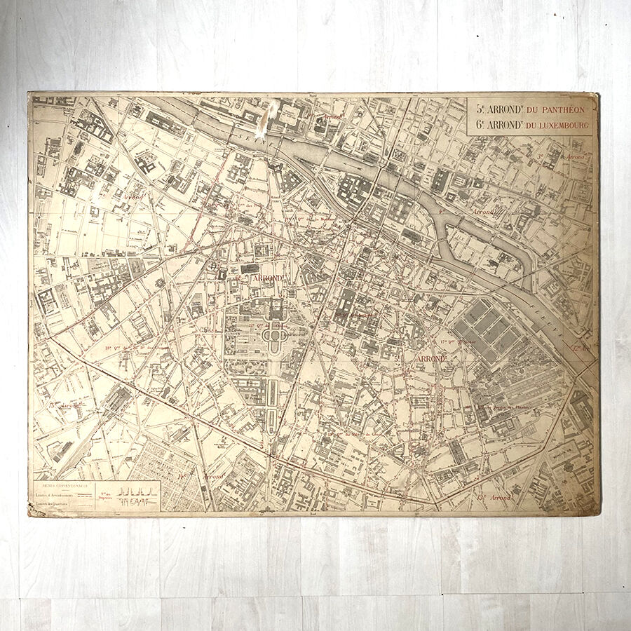 Old cardboard map of Paris - 5th and 6th Arrondissement