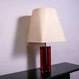 Red metal sculptural table lamp with oversized lamp shade circa 1980