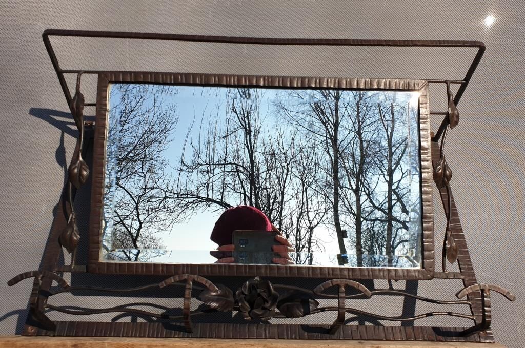 Wall coat rack Art Deco 1930 wrought iron 4 hooks and beveled mirror
