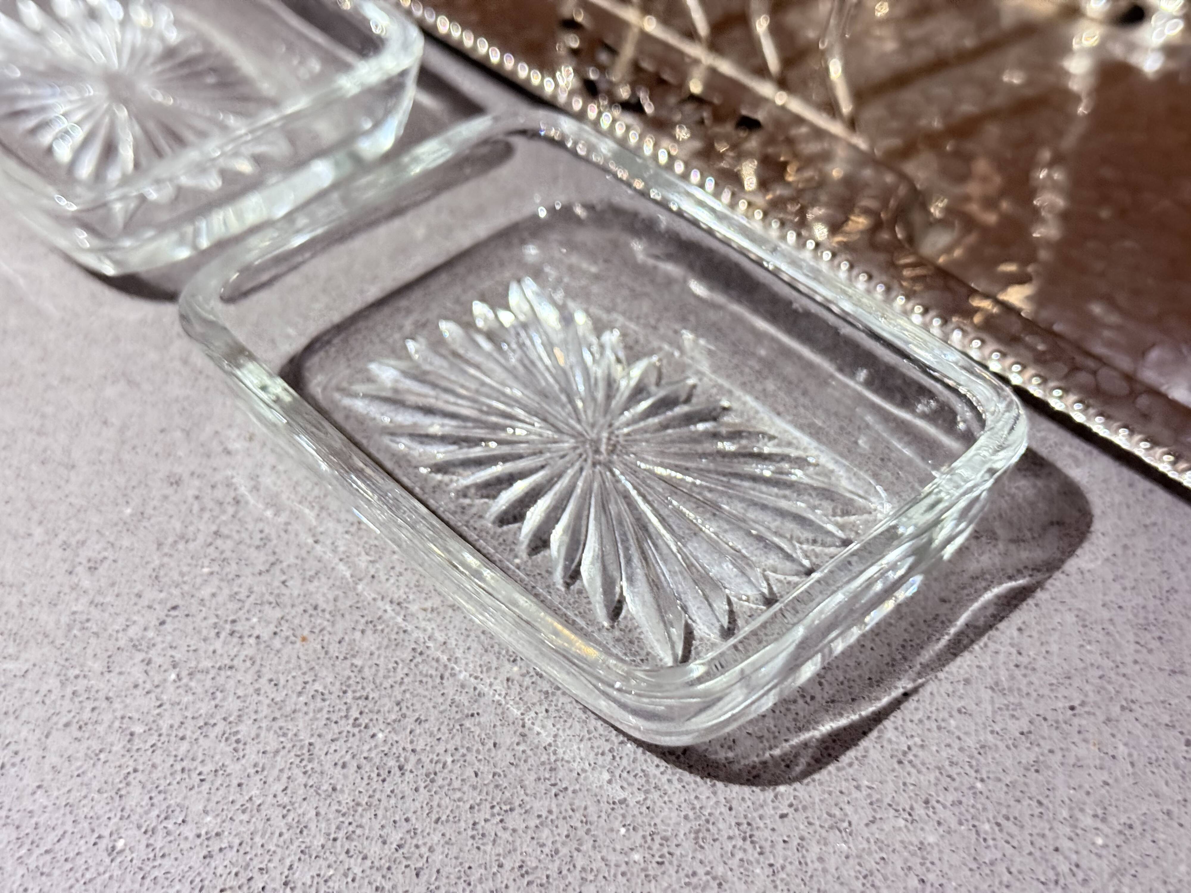 Art Deco Silver Plated Toast Rack, Matching Hammered Tray Crystal Butter Dishes