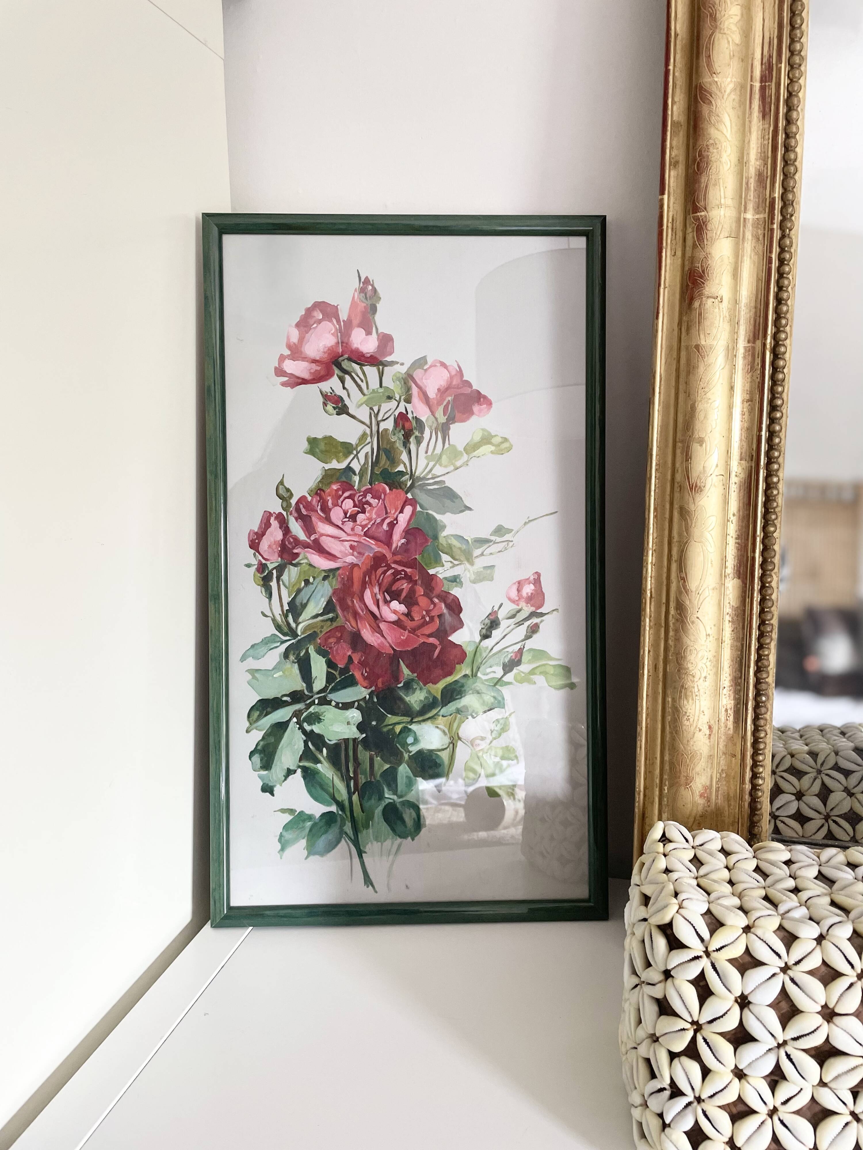 Old painting on paper depicting roses, framed.