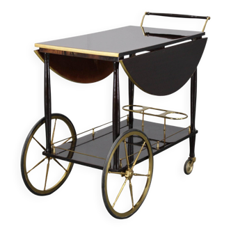Italian mid-century bar cart with folding leaves, brass and wood