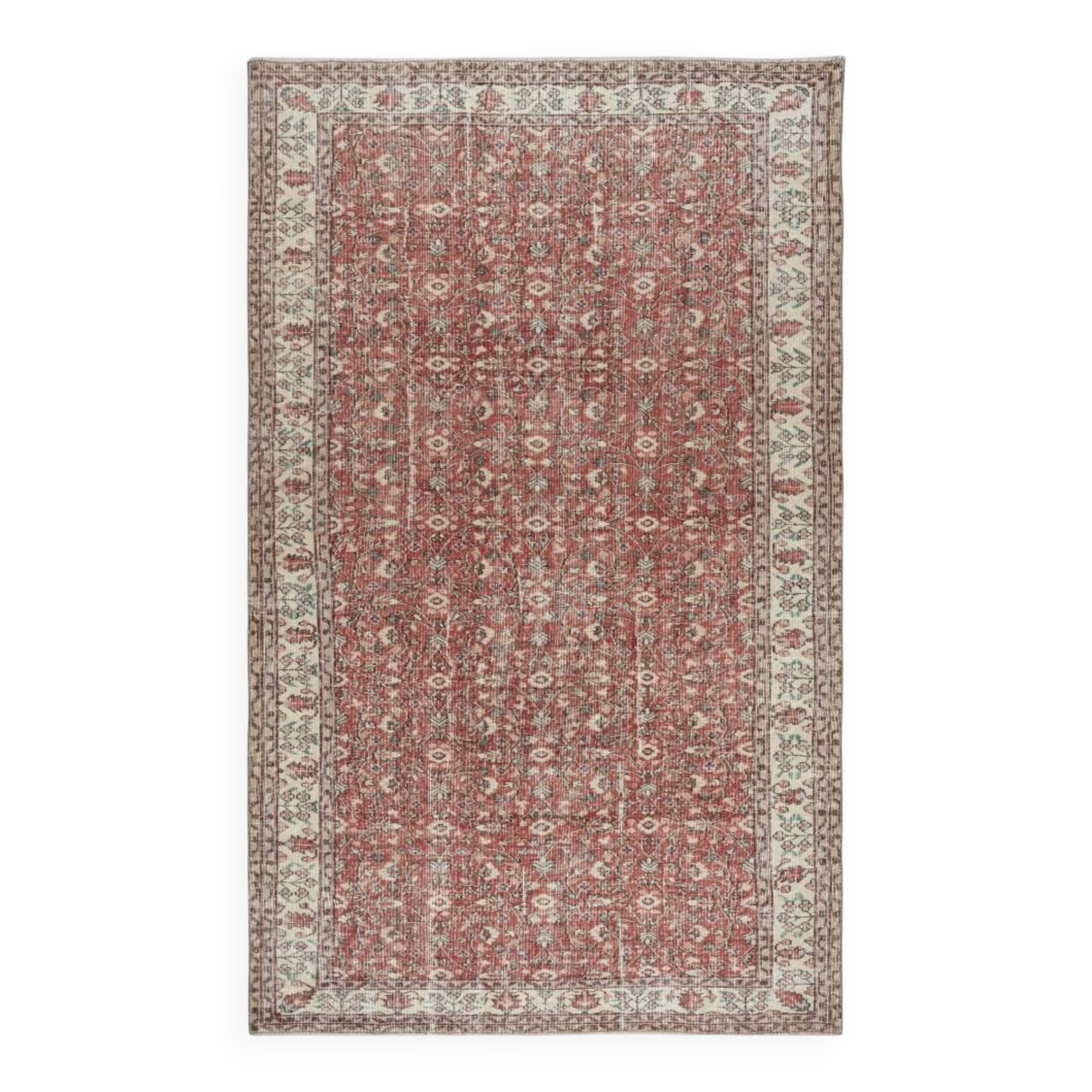Vintage Handmade Turkish Red Wool Area Rug with Floral Design for Home and Office Decor