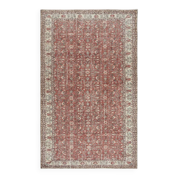 Vintage Handmade Turkish Red Wool Area Rug with Floral Design for Home and Office Decor
