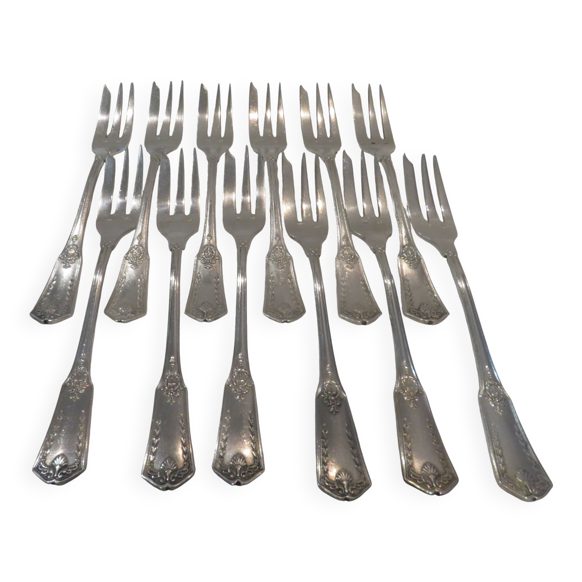12 silver plated cake forks, goldsmith sfam, empire style