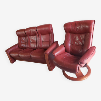 3-seater sofa and armchair in wood and leather