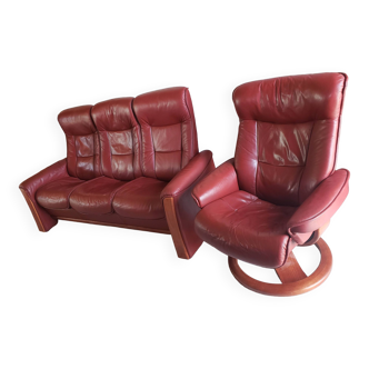 Sofa and armchair in wood and leather
