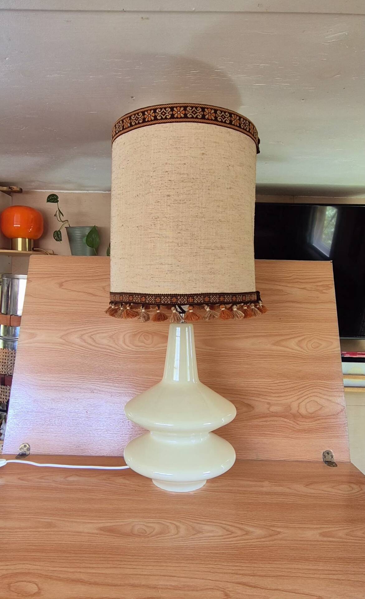 Large vintage 1970s tinted glass lamp with shade.