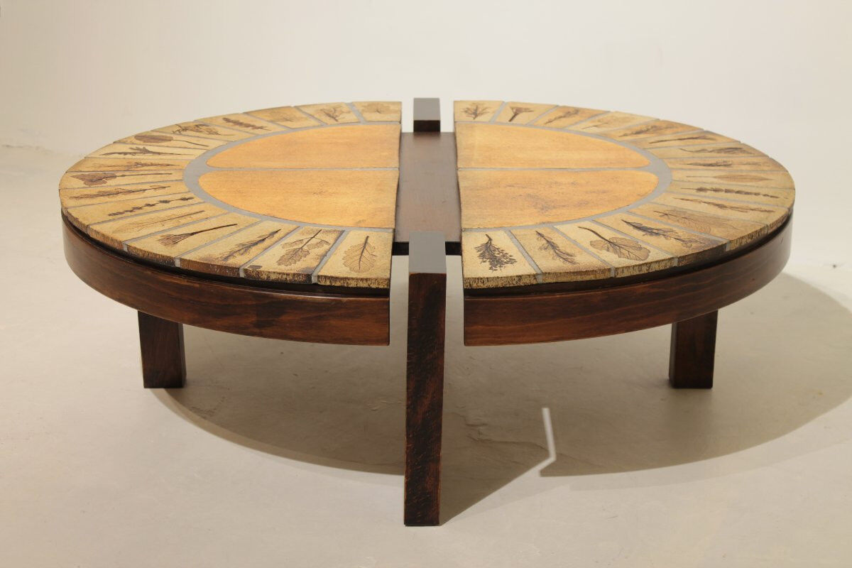 Round coffee table herbarium Roger Capron, Vallauris - ceramic and wooden structure