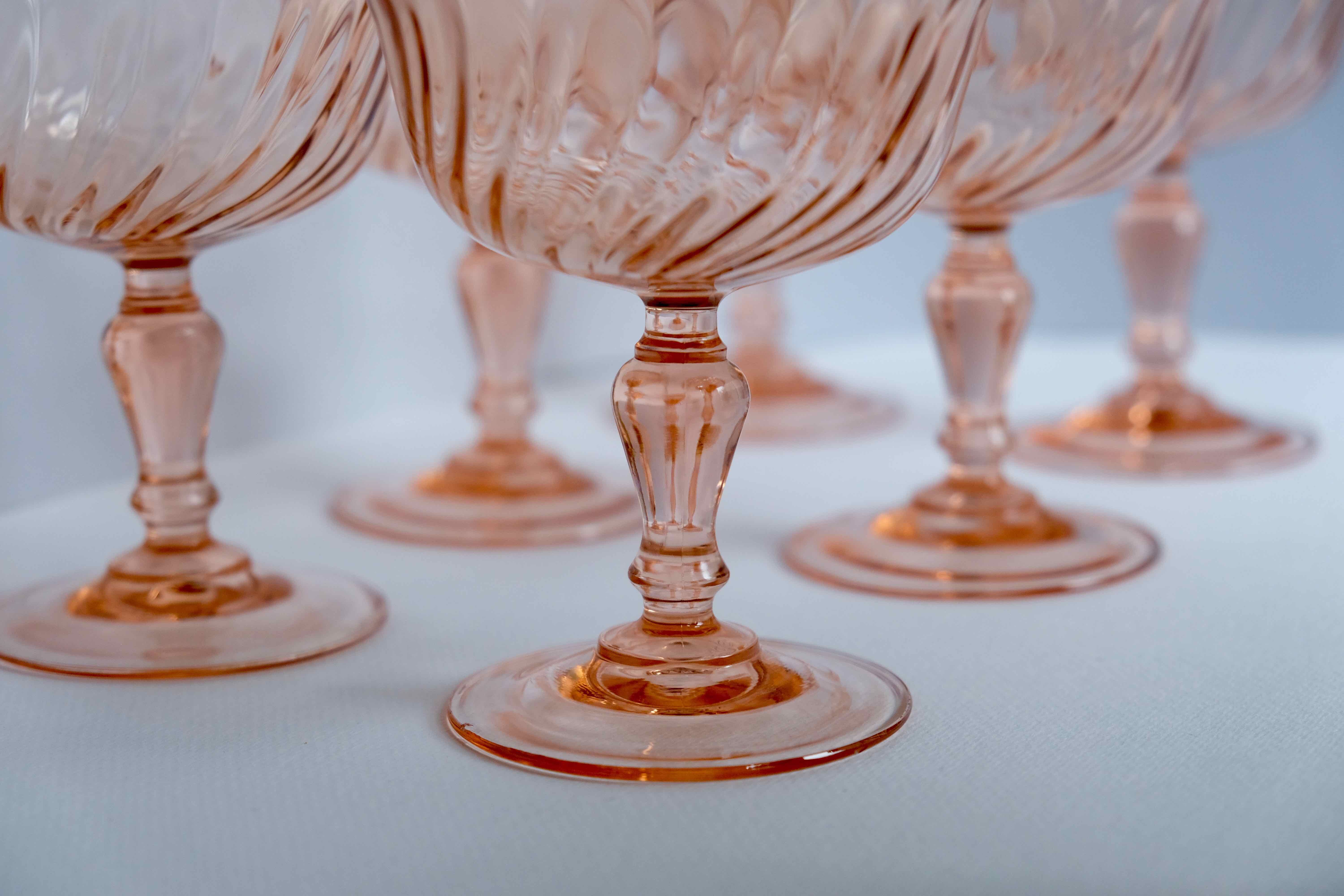 Set of 6 cups champagne rose vintage Rosaline pink swirl glass Arcoroc Luminarc France