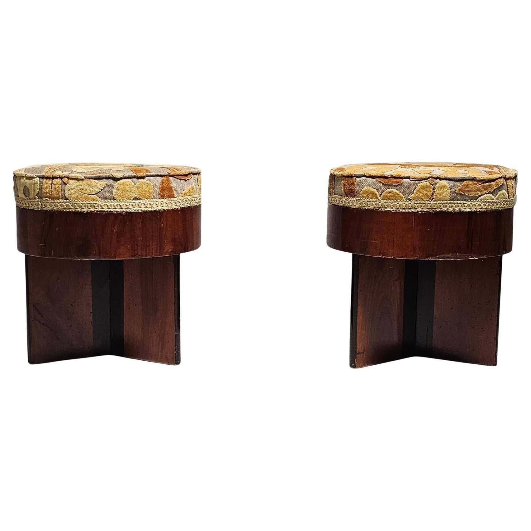Art Deco stools in walnut and floral printed fabric, Italy.