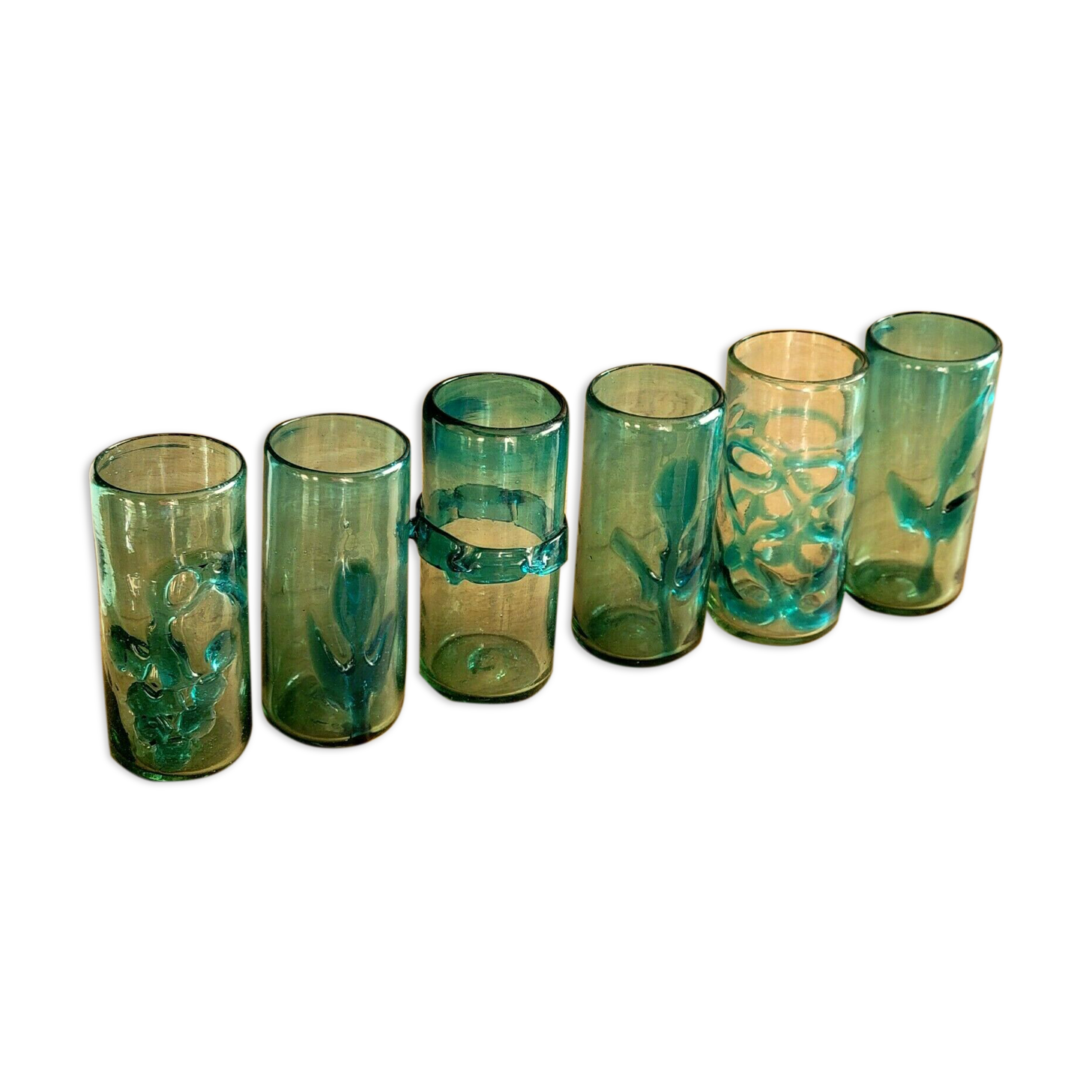6 orangeade glasses in bubbled blown glass color duck blue